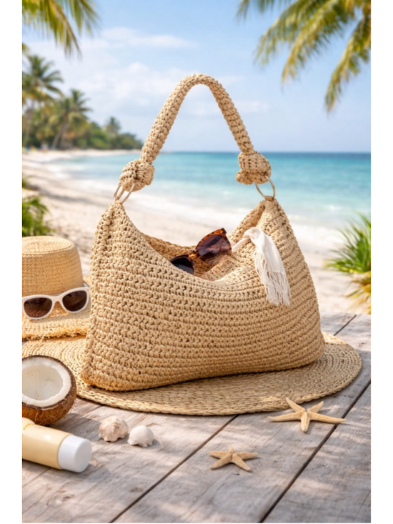 REVOLVE Handbags - Revolve 8 Other Reasons Shelly Crochet Bag Khaki Straw Shoulder Hobo